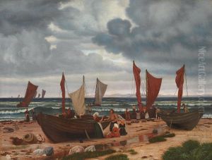 Fishermen of Hornbaek coming home from catching herring in unruly weather. by Vilhelm Kyhn