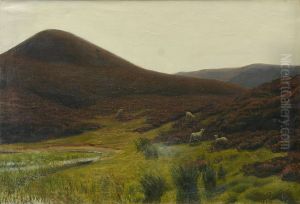 A hilly heath landscape with sheep. by Hans Agersnap