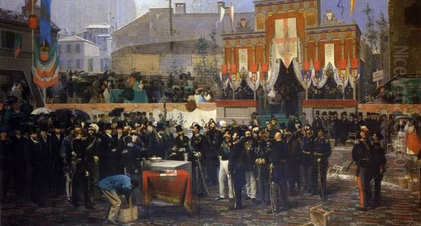 Posa della prima pietra dellaGalleria Vittorio Emanuele II" a Milano, da parte del re d'ItaliaVittorio Emanuele II, il 7 marzo 1865. Incisione da giornale inglese contemporaneo all'evento - view 1