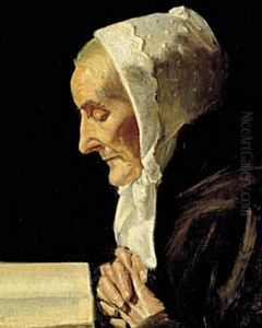 Portrait of Ane Hedvig Brondum reading her Bible.