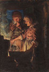 Lars Gaihede and his wife at the fireplace with Stifi stirring the pot.