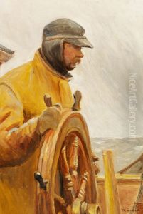 Konrad at the helm. A fishermen of Skagen steering a boat. by Michael Peter Ancher