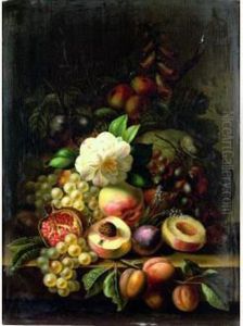 Nature Morte De Fleurs Et De Fruits Poses Sur Un Entablement