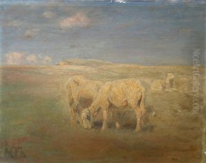 Sheep grazing in a meadow. by Hans Michael Therkildsen