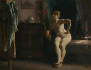 Interior with a woman sitting. by Hans Michael Therkildsen