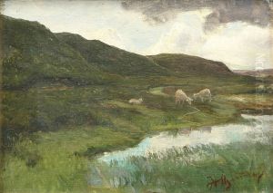 Sheep in landscape with a brook. by Hans Agersnap