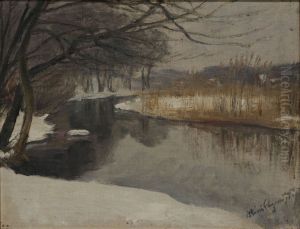 Winter landscape. (27 x 35 cm). by Hans Agersnap