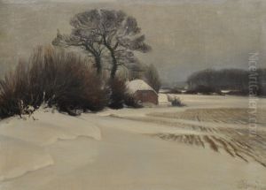 Winter landscape with snow covered fields.