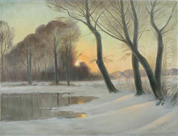 Winter landscape with a pond in the woods. - view 1
