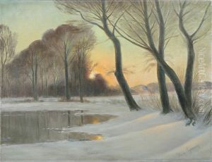 Winter landscape with a pond in the woods. by Hans Agersnap
