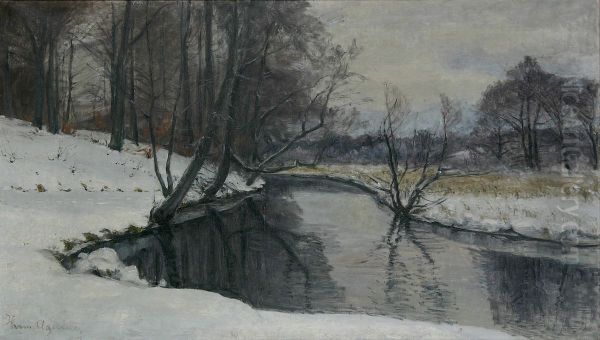 Winter landscape with a river running through the woods. - view 1