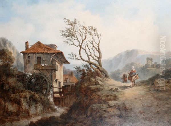 Travellers on a road by a watermill - view 1