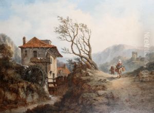 Travellers on a road by a watermill