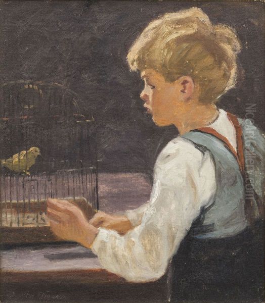 A boy with a canary. - view 1