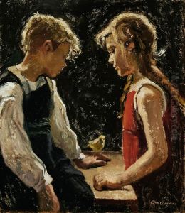 Dreng og pige med kanariefugl. (72 x 63 cm). by Christian Aigens
