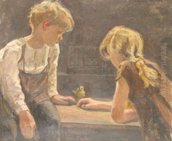 A boy and a girl playing with a budgie. - view 1