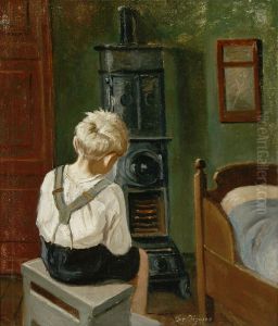 A boy sitting near a bed and burning stove.