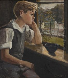 A boy sitting at a window. (60 x 51 cm). by Christian Aigens