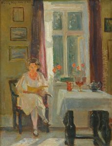 Interior with a woman reading. by Poul Friis Nybo
