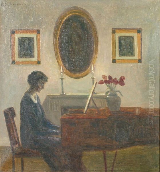 Interior with a woman by a spinet. - view 1