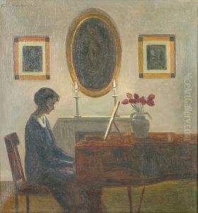 Interior with a woman by a spinet. by Poul Friis Nybo