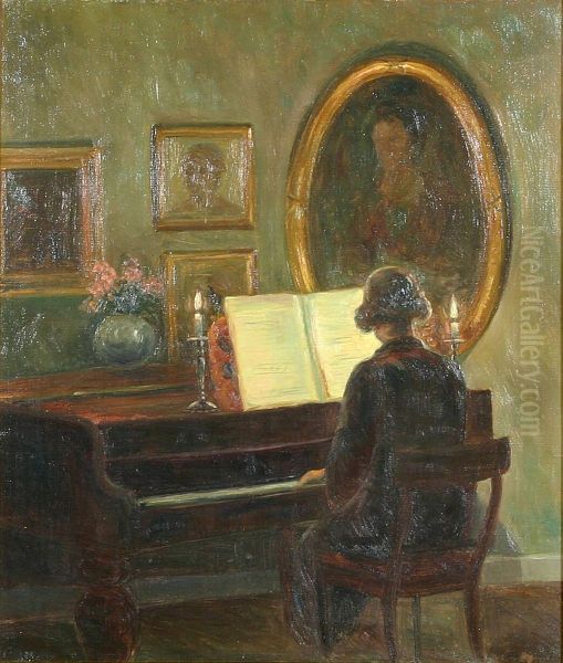 A woman at the piano in a candlelit room. by Poul Friis Nybo