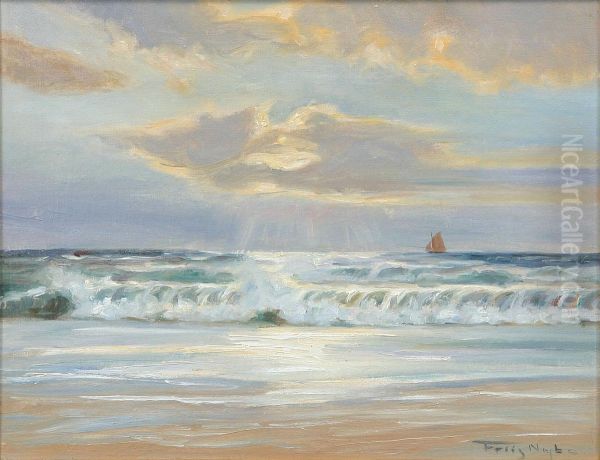 Coastal view with a sailing ship on the horizon. - view 1