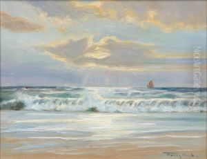 Coastal view with a sailing ship on the horizon. by Poul Friis Nybo