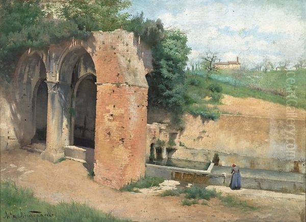 Ved en vannkilde med antikk ruin, Italia - view 1