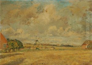 Landscape with fields and a view to a mill. by Borge Nyrop