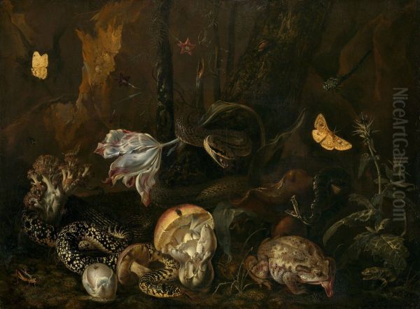 Forest floor still life with insects and amphibians - view 1