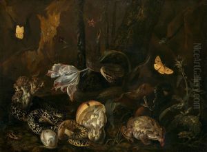Forest floor still life with insects and amphibians