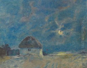 A thatched cottage in moonlight. by Ole Due