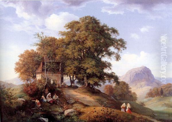 Gebirgige Landschaft mit Baumgruppe und Kapelle, im Hintergrund derBorschen - view 1