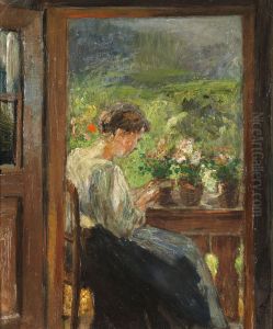 Reading woman on the balcony by Fritz von Uhde