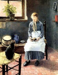 Madchen in der Kuche / Lesendes Madchen mit Katze by Fritz von Uhde