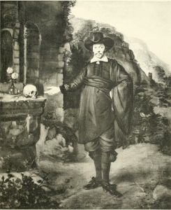 Portrait of a man by a ruin, pointing at a skull and a vase with flowers