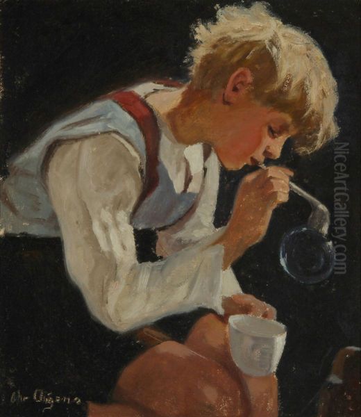 A boy blowing soap bubbles. - view 1