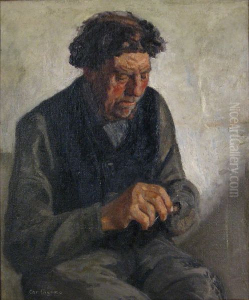 A man mending socks. - view 1