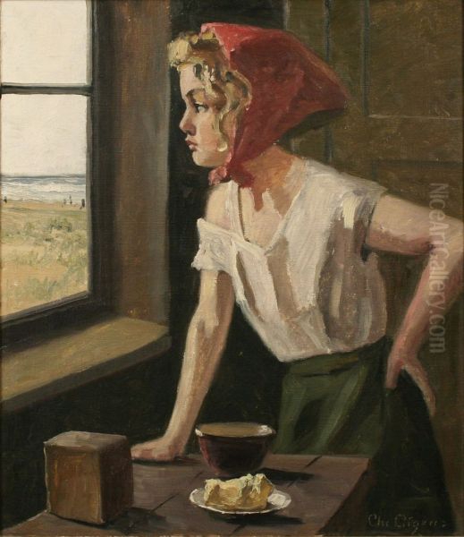 A young woman standing at a window. - view 1