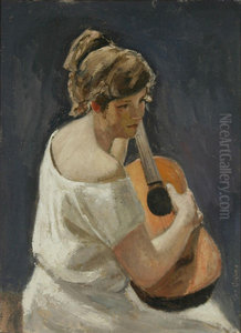 A oung woman with a guitar. A oung woman with a guitar.
