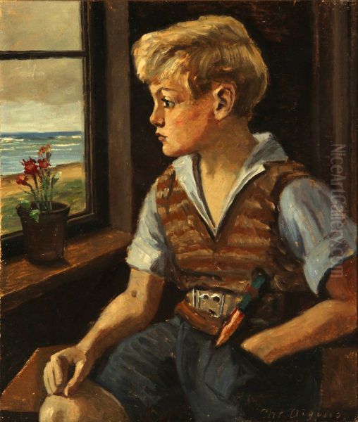 Interior with a boy looking out a window. - view 1
