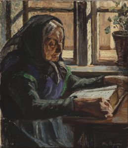 Interior with a woman reading the Bible. by Christian Aigens