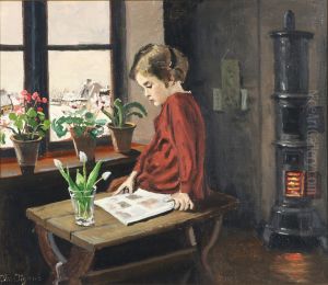 Interior with a girl reading by the window. by Christian Aigens