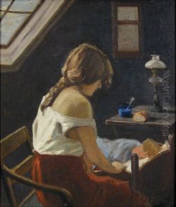 Interior with a young woman and a sleeping child. by Christian Aigens