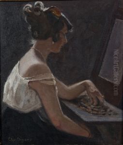 A woman at a makeup table. by Christian Aigens