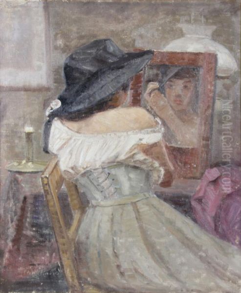 Woman wearing a hat, sitting at a mirror. - view 1