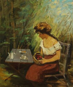 A woman at a garden table. A woman at a garden table.