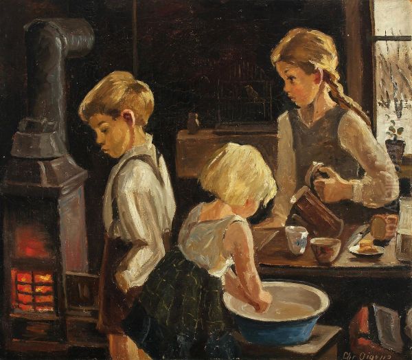 Children in a kitchen. - view 1