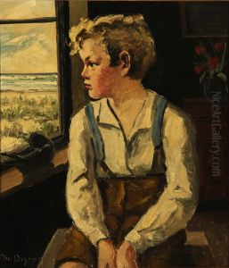 Portraet af dreng, der kigger ud af vindue mod havet.